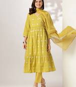 yellow pure cotton embroidered angrakha kurta set