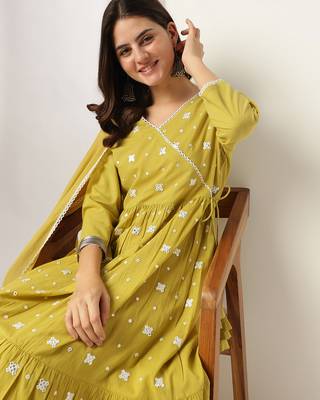 yellow pure cotton embroidered angrakha kurta set 2