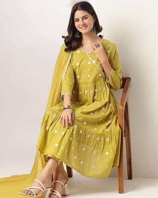 yellow pure cotton embroidered angrakha kurta set 4