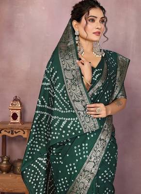 Green Color Indian Wedding Bandhej Silk Saree  1