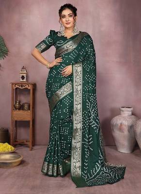 Green Color Indian Wedding Bandhej Silk Saree  2