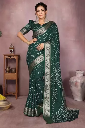 Green Color Indian Wedding Bandhej Silk Saree 