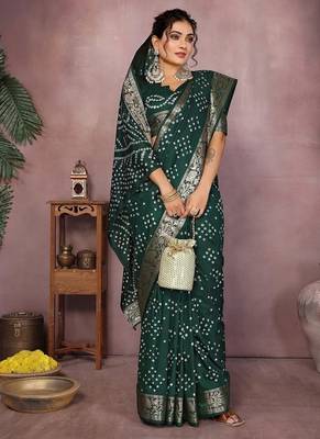 Green Color Indian Wedding Bandhej Silk Saree  3