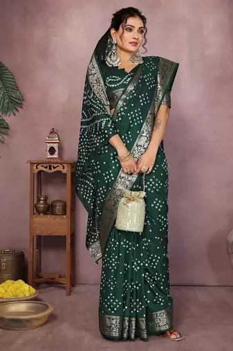 Green Color Indian Wedding Bandhej Silk Saree 