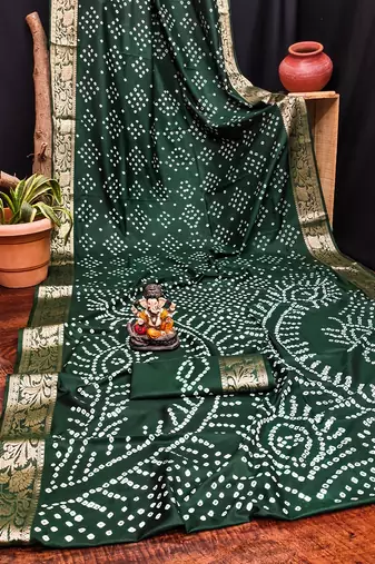 Green Color Indian Wedding Bandhej Silk Saree 