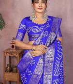 Royal Blue Color Indian Wedding Bandhej Silk Saree 