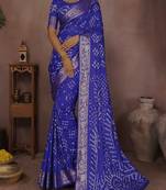 Blue Color Indian Wedding Bandhej Silk Saree 
