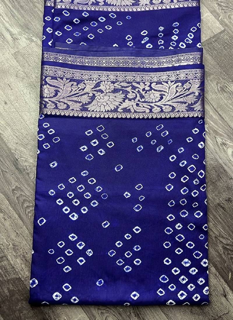 Blue Color Indian Wedding Bandhej Silk Saree 