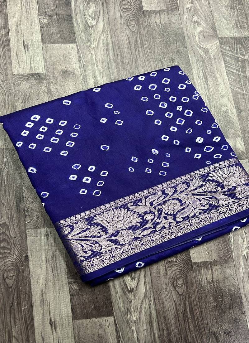 Blue Color Indian Wedding Bandhej Silk Saree 