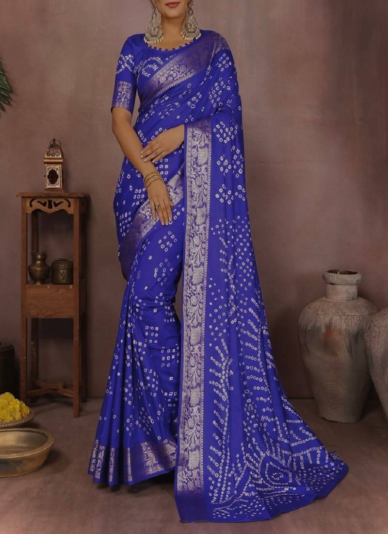 Blue Color Indian Wedding Bandhej Silk Saree 