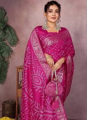 Rani Pink Color Indian Wedding Bandhej Silk Saree  1