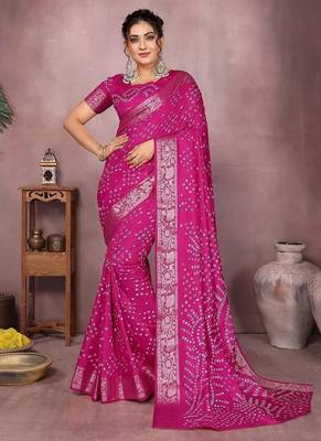 Rani Pink Color Indian Wedding Bandhej Silk Saree  2