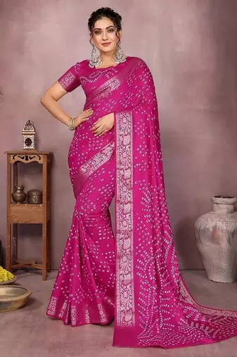 Rani Pink Color Indian Wedding Bandhej Silk Saree 