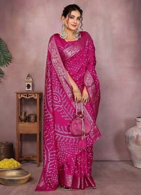 Rani Pink Color Indian Wedding Bandhej Silk Saree  3