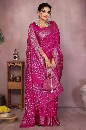 Rani Pink Color Indian Wedding Bandhej Silk Saree 