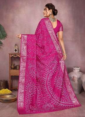 Rani Pink Color Indian Wedding Bandhej Silk Saree  4