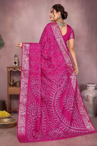 Rani Pink Color Indian Wedding Bandhej Silk Saree 