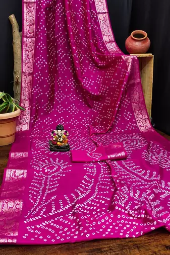 Rani Pink Color Indian Wedding Bandhej Silk Saree 