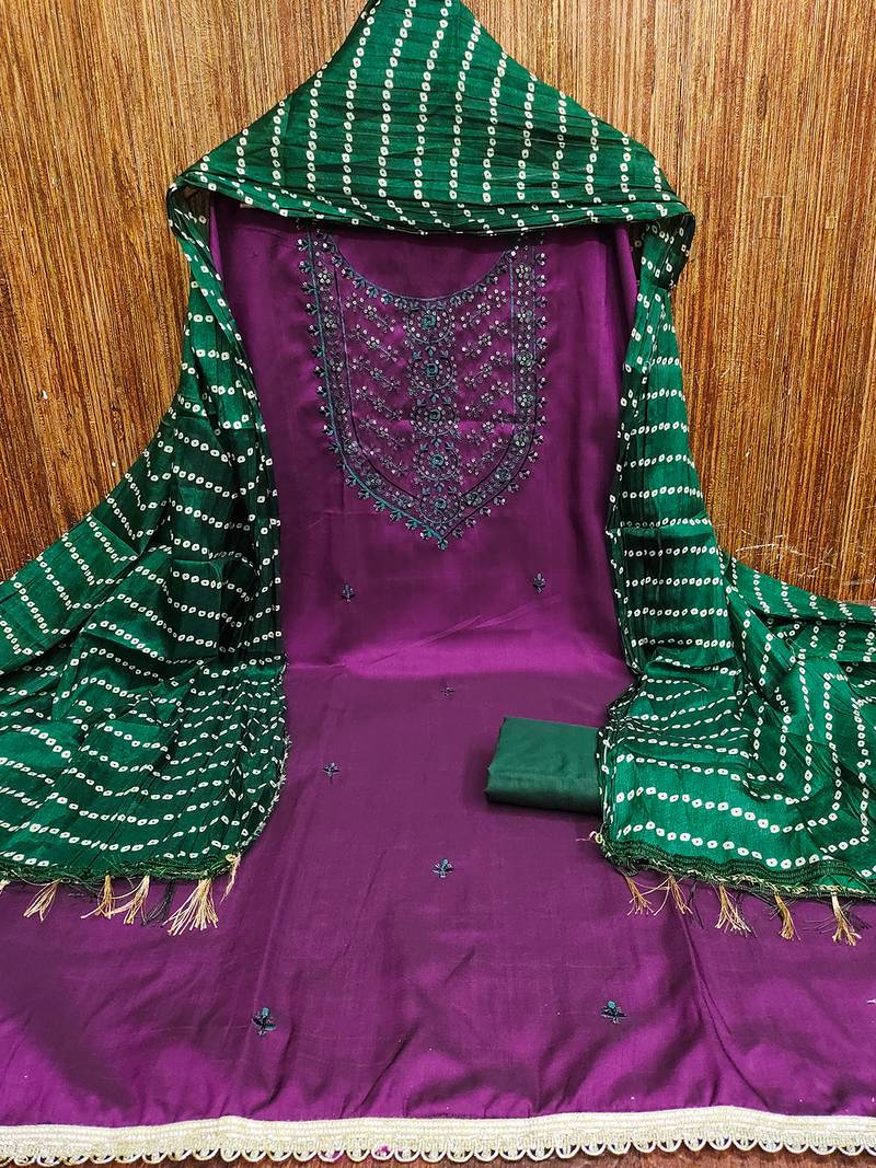 Purple cotton embroidered salwar suit with bandhani chinon printed dupatta
