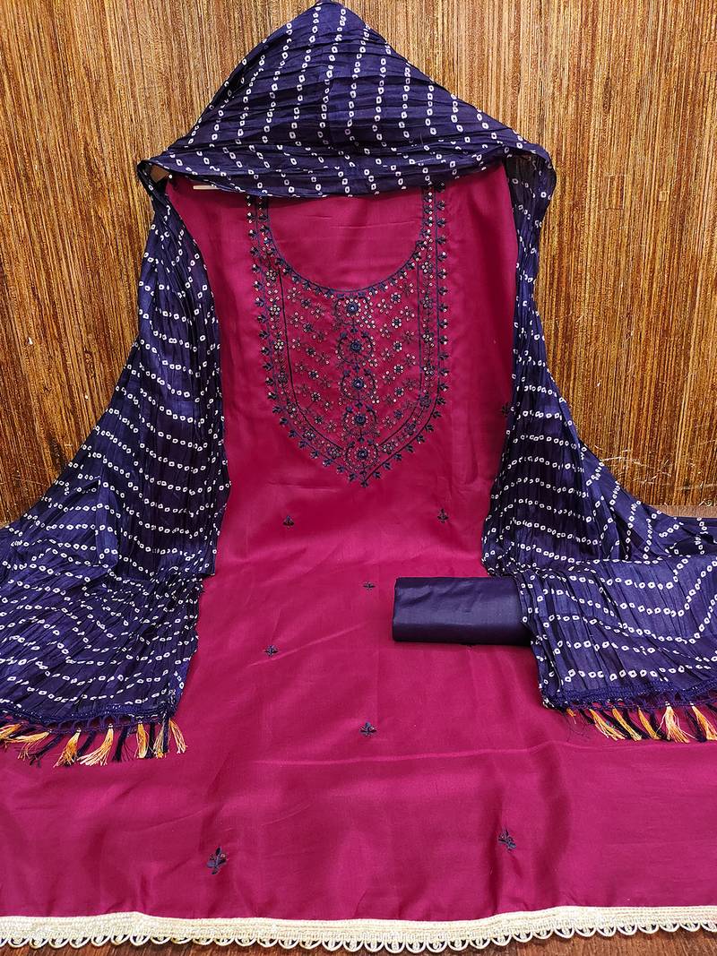 Pink cotton embroidered salwar suit with bandhani chinon printed dupatta
