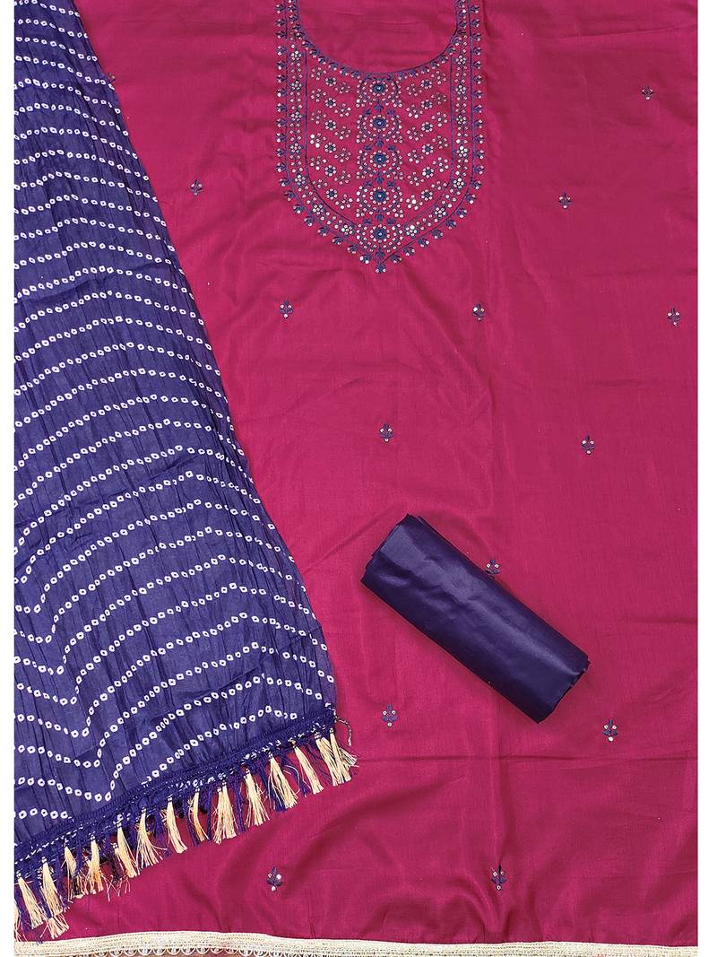 Pink cotton embroidered salwar suit with bandhani chinon printed dupatta