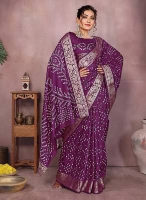 Magenta Color Indian Wedding Bandhej Silk Saree  2