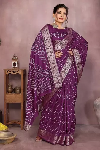 Magenta Color Indian Wedding Bandhej Silk Saree 