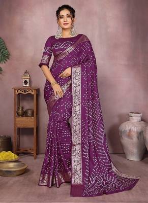 Magenta Color Indian Wedding Bandhej Silk Saree  3