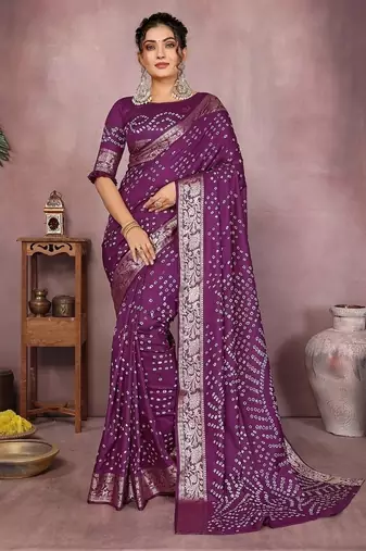 Magenta Color Indian Wedding Bandhej Silk Saree 