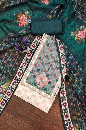 Designer organza printed salwar suit set with floral border dupatta     dark green & cream