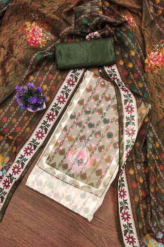 Designer organza printed salwar suit set with floral border dupatta     olive green & cream