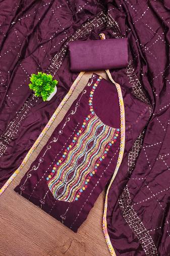 Trendy purple vichitra silk salwar suit with chinon mirror work dupatta