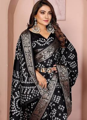 Black Color Indian Wedding Bandhej Silk Saree  1