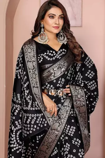 Black Color Indian Wedding Bandhej Silk Saree 