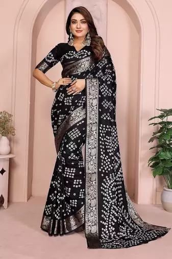 Black Color Indian Wedding Bandhej Silk Saree 