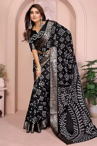 Black Color Indian Wedding Bandhej Silk Saree 