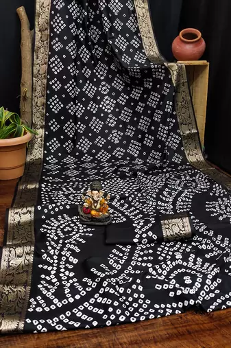 Black Color Indian Wedding Bandhej Silk Saree 