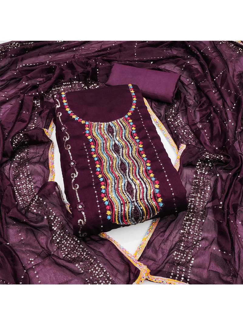 Trendy purple vichitra silk salwar suit with chinon mirror work dupatta