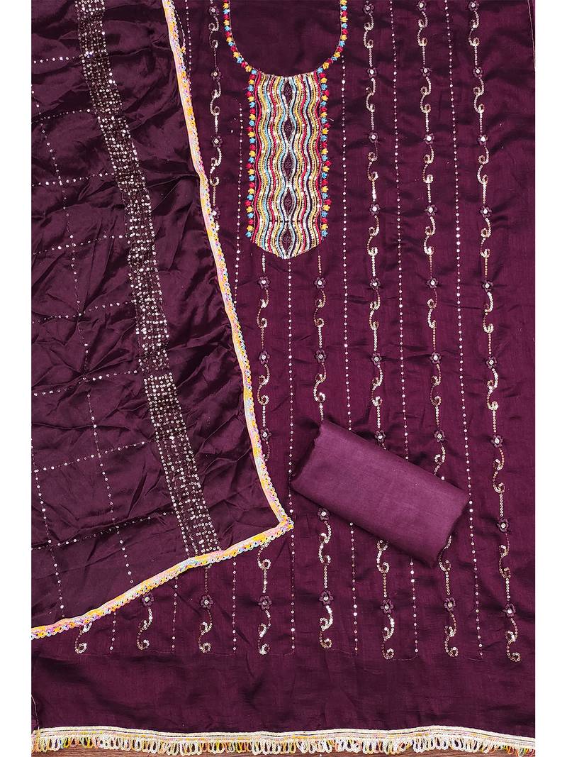 Trendy purple vichitra silk salwar suit with chinon mirror work dupatta