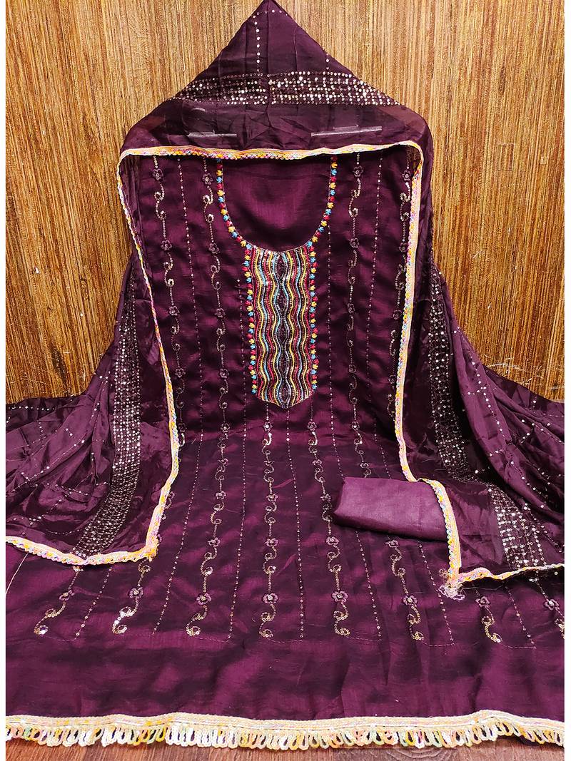 Trendy purple vichitra silk salwar suit with chinon mirror work dupatta