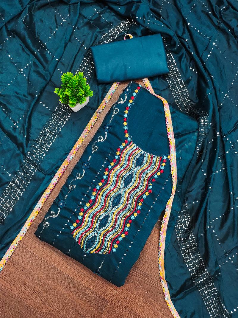 Trendy navy blue vichitra silk salwar suit with chinon mirror work dupatta