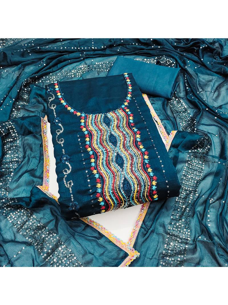 Trendy navy blue vichitra silk salwar suit with chinon mirror work dupatta