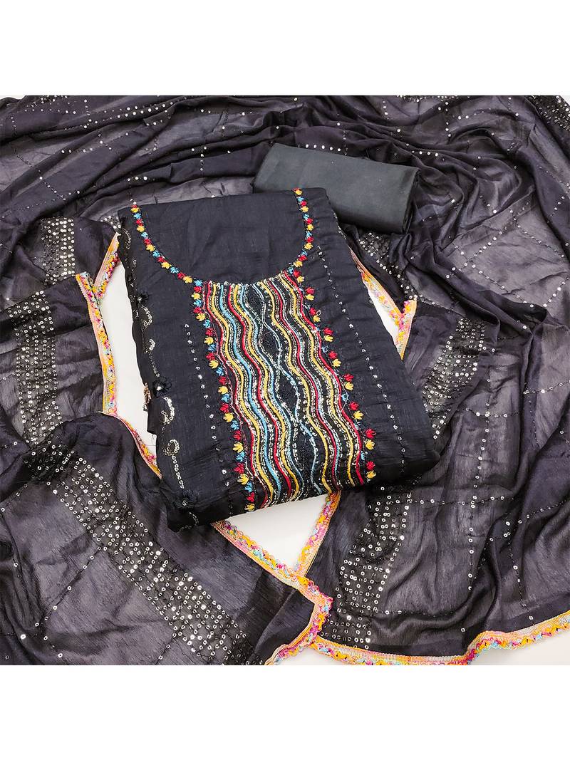 Trendy grey vichitra silk salwar suit with chinon mirror work dupatta