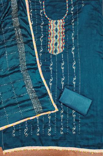 Trendy navy blue vichitra silk salwar suit with chinon mirror work dupatta