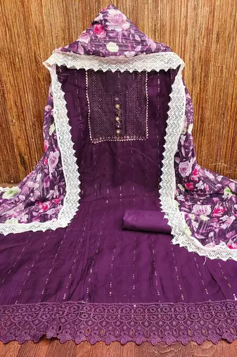 Graceful purple roman silk salwar suit with floral georgette dupatta