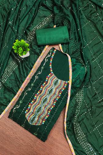 Trendy green vichitra silk salwar suit with chinon mirror work dupatta