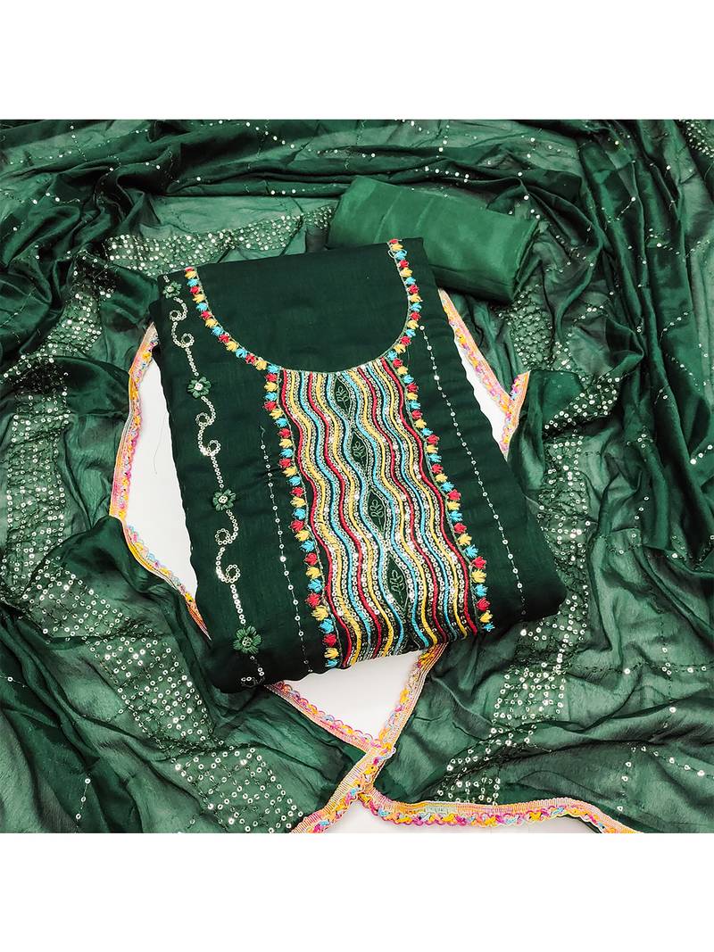 Trendy green vichitra silk salwar suit with chinon mirror work dupatta
