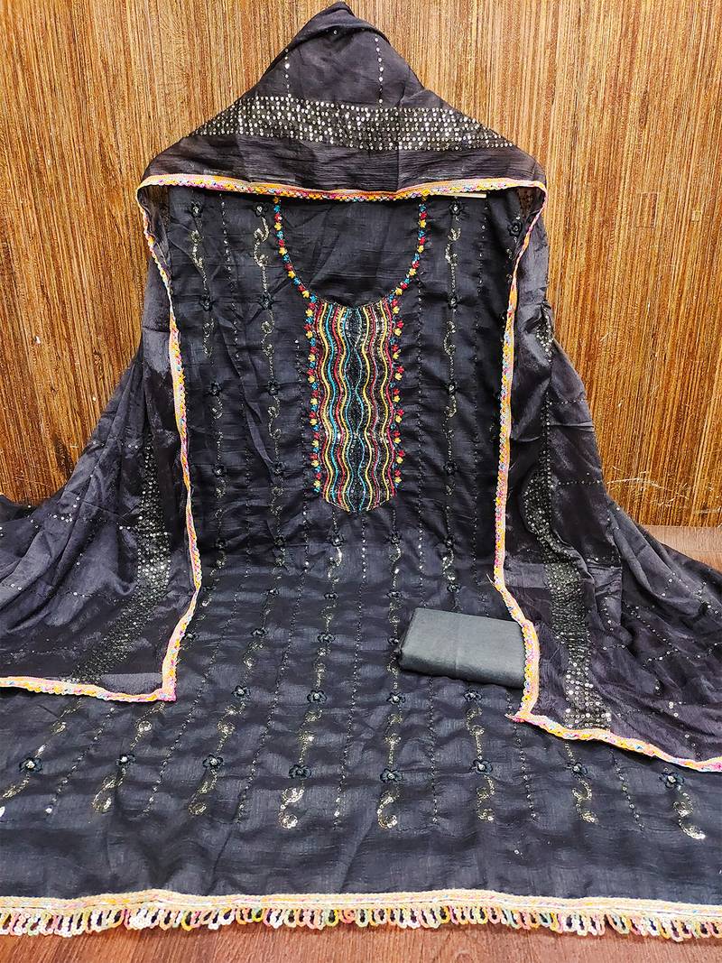 Trendy grey vichitra silk salwar suit with chinon mirror work dupatta