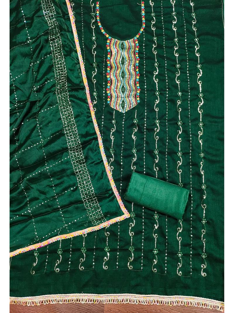 Trendy green vichitra silk salwar suit with chinon mirror work dupatta