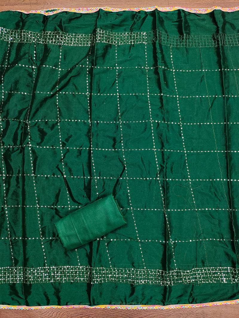 Trendy green vichitra silk salwar suit with chinon mirror work dupatta